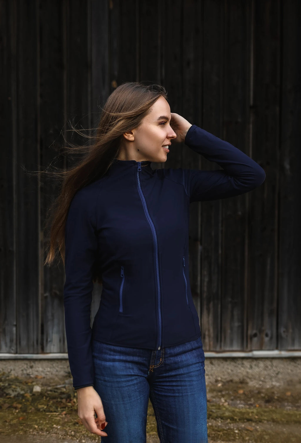 Horse Spirit Sweatshirt in blue - Front view on model showing soft stretchy fabric, relaxed fit, and versatile design for stable and casual wear.