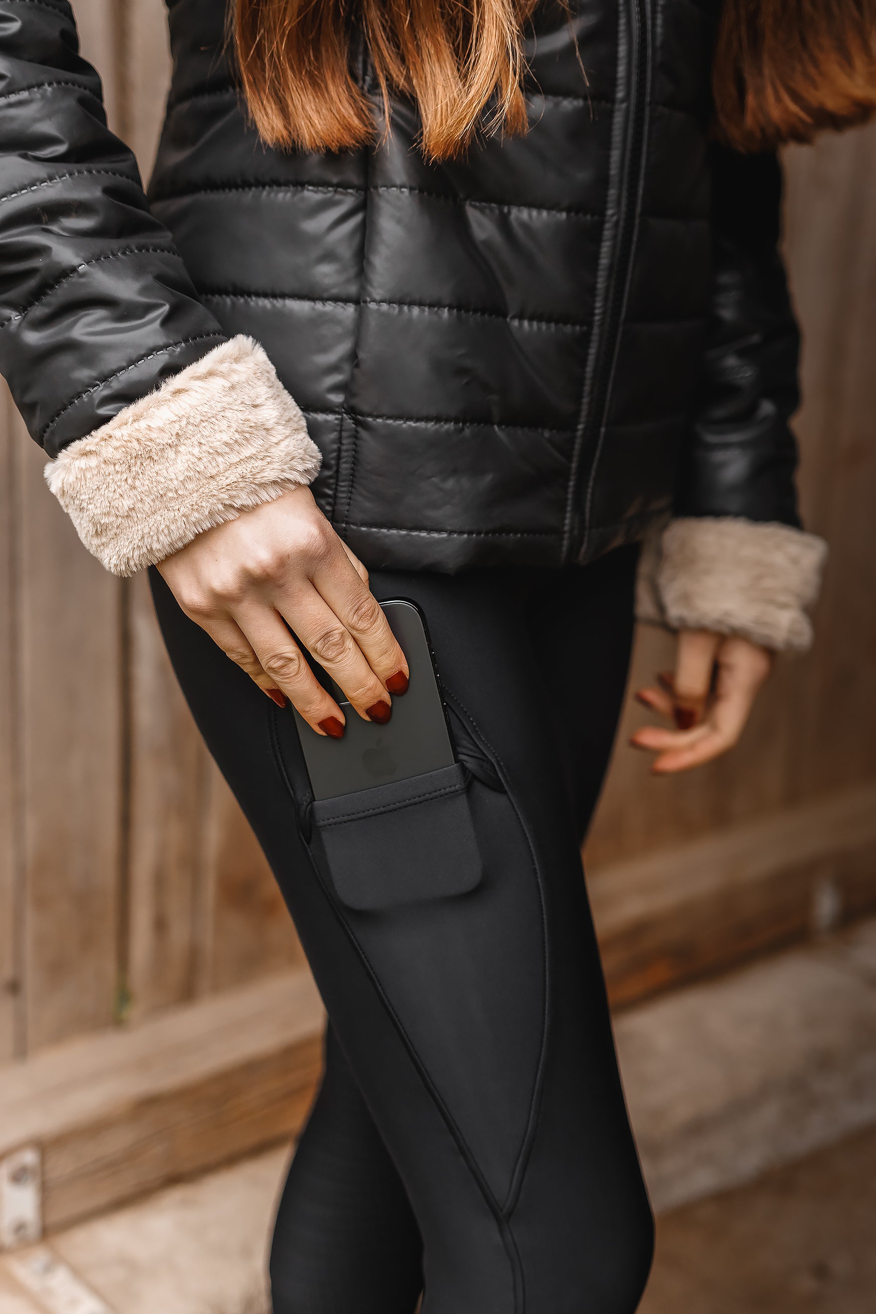 Side view of the Horse Spirit Winter Riding Leggings - Shows the thigh phone pocket, flattering silhouette, breathable stretch fabric, and ergonomic riding cut.