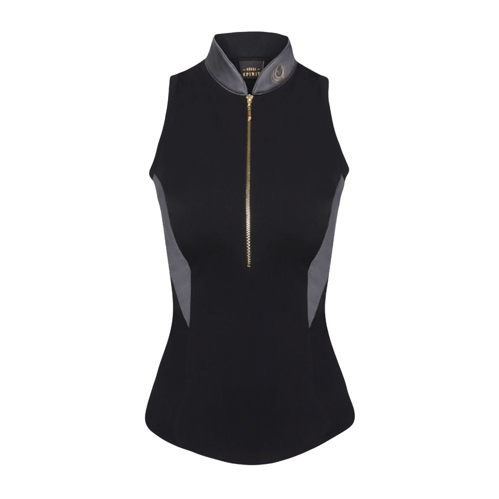 Horse Spirit Riding Top in black and grey - Front view showing the modern design, four-way stretch fabric, and lightweight breathable construction.