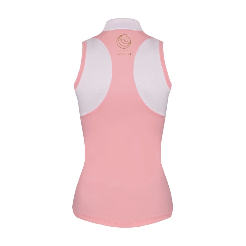 Horse Spirit Riding Top in pink and white - Back view showing the elegant summer design, four-way stretch fabric, and lightweight breathable construction.