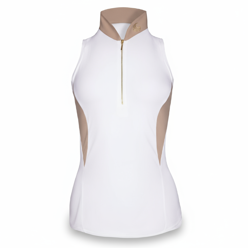 Horse Spirit Riding Top in white, brown, and beige - Front view showing the elegant summer design, four-way stretch fabric, and sophisticated earth-tone color palette.