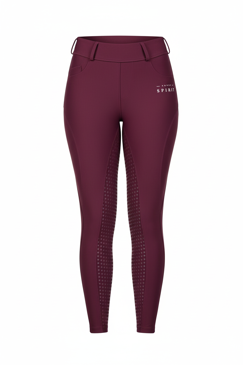 Horse Spirit Bordo Leggings - Front view showing the high-waist fit, flattering silhouette, and thigh phone pocket for riding and training.