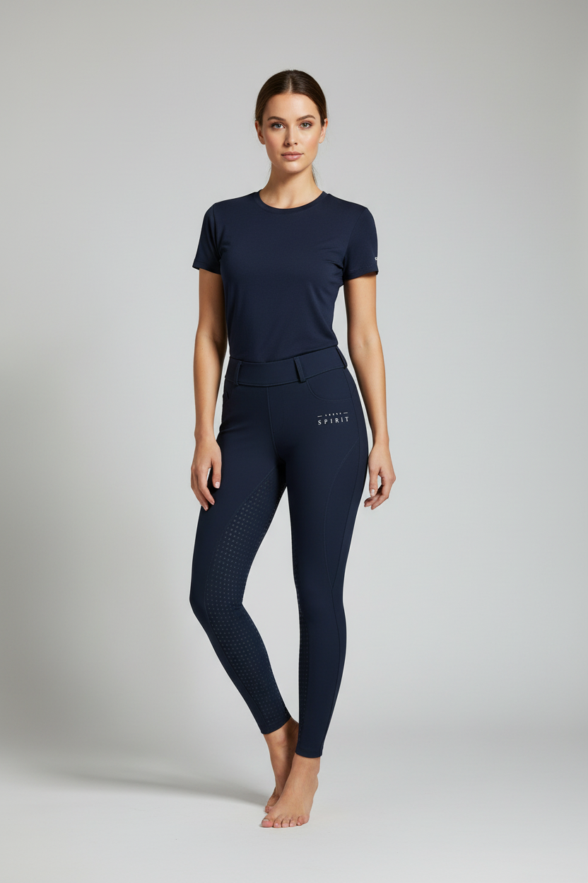 Horse Spirit Blue Leggings - Front view on model showing the flattering higher waist, shiny fabric, and thigh phone pocket for riding and training.