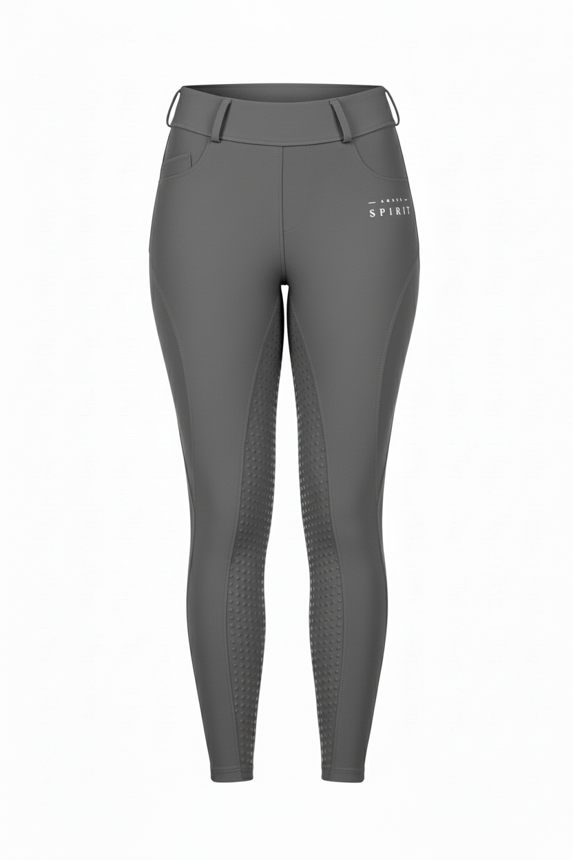Horse Spirit Bordo Leggings in grey - Front view showing the high-waist fit, flattering silhouette, and thigh phone pocket for riding and training.
