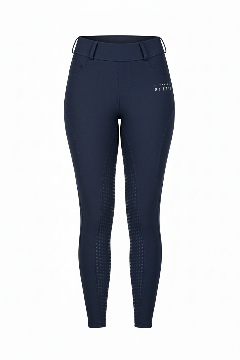 Horse Spirit Blue Leggings - Front view showing the flattering higher waist, shiny fabric, and thigh phone pocket for riding and training.