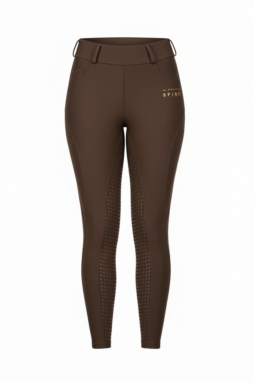 Horse Spirit Brown Leggings - Front view showing the flattering higher waist, shiny fabric, and thigh phone pocket for riding and training.