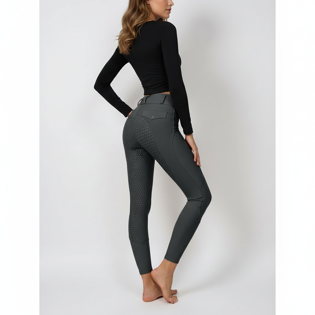 Back view of the Horse Spirit Grey Leggings - Highlights the non-slip grip seat, discreet belt loops, and supportive high-rise fit.
