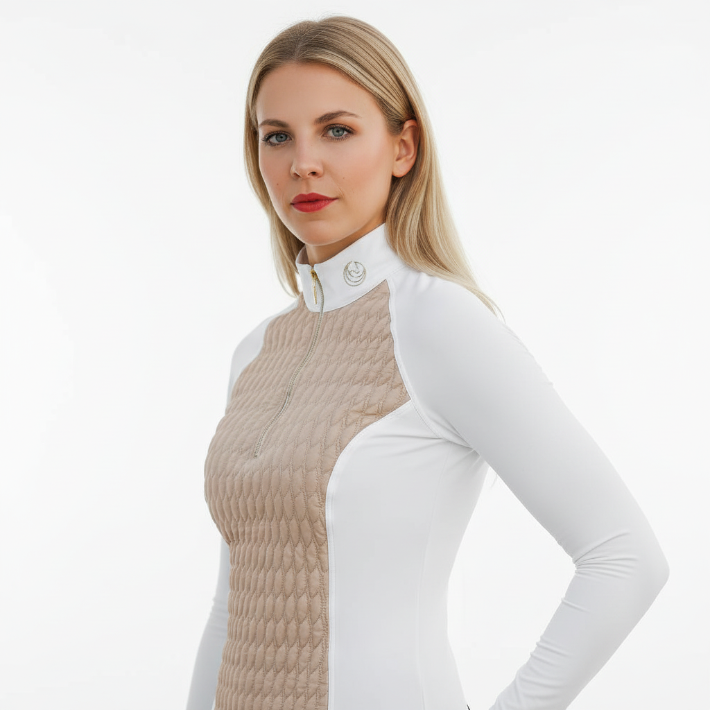 Side view of the Horse Spirit Hybrid Jacket - Shows the flattering silhouette, breathable side panels, and intelligent temperature regulation design.