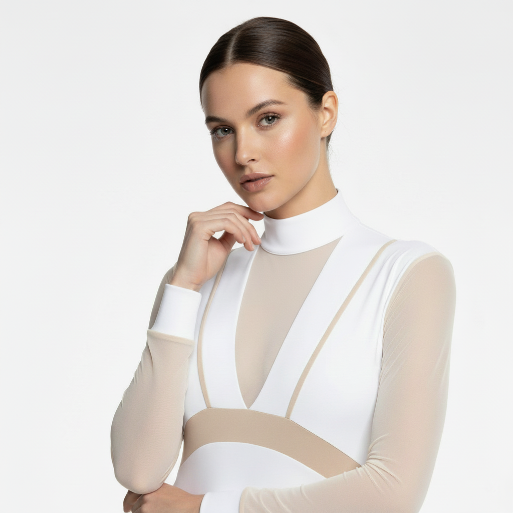 Horse Spirit Premium Bodysuit in white and beige - Front view on model showing elegant cut, durable nylon on chest and sleeves, and sophisticated two-tone colorway.