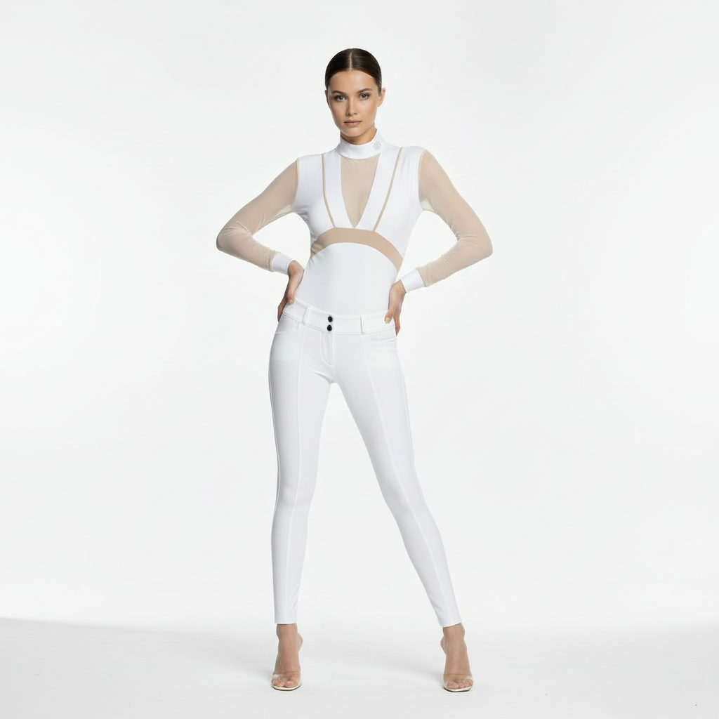Horse Spirit Premium Bodysuit in white and beige - Front view on model showing elegant cut, durable nylon on chest and sleeves, and sophisticated two-tone colorway.