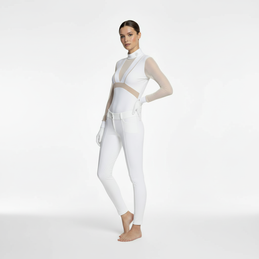 Horse Spirit Premium Bodysuit in white and beige - Front view on model showing elegant cut, durable nylon on chest and sleeves, and sophisticated two-tone colorway.