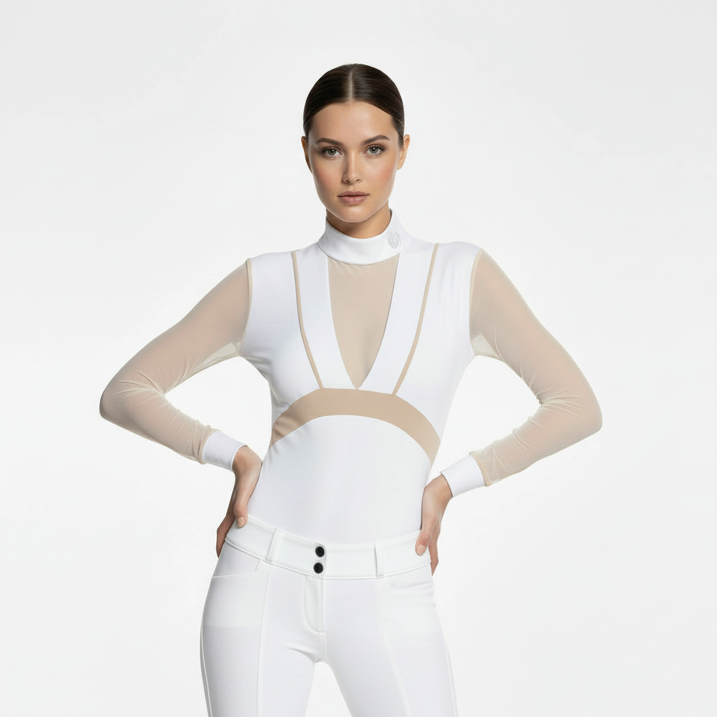 Horse Spirit Premium Bodysuit in white and beige - Front view on model showing elegant cut, durable nylon on chest and sleeves, and sophisticated two-tone colorway.