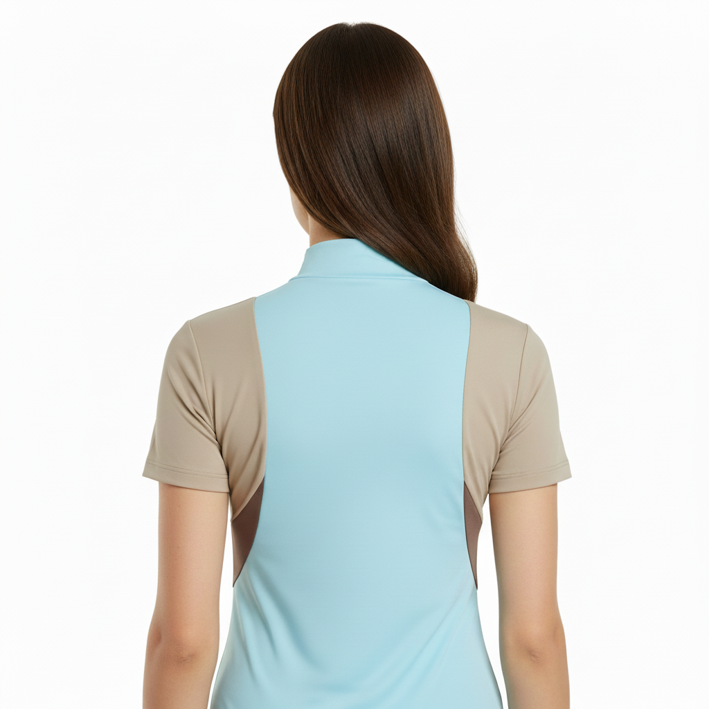Back view of the Horse Spirit Riding Top Line Blue - Highlights the tailored performance cut and moisture-wicking fabric of this elegant equestrian shirt.