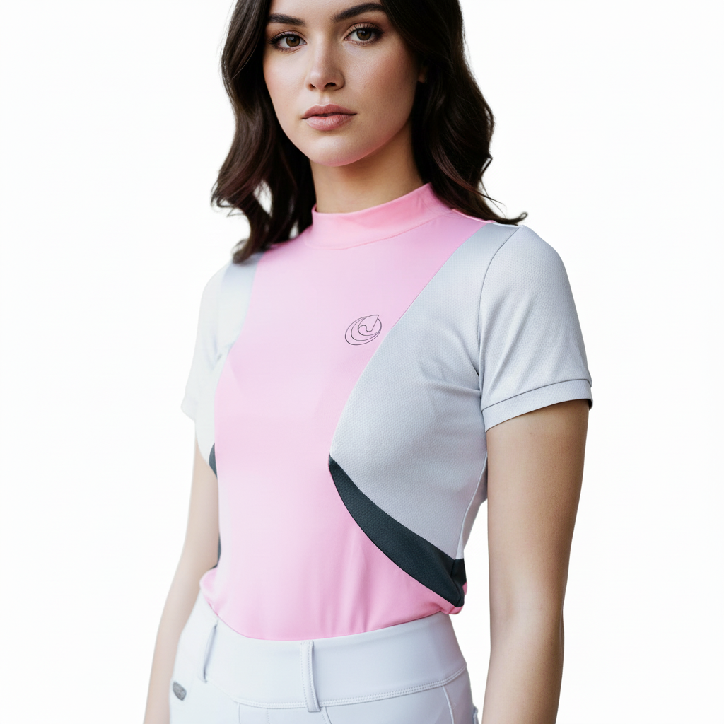 Horse Spirit Riding Top Line Pink in grey and pink - Front view on model showing the elegant HORSE Spirit motif, premium Italian fabric, and soft feminine color palette.