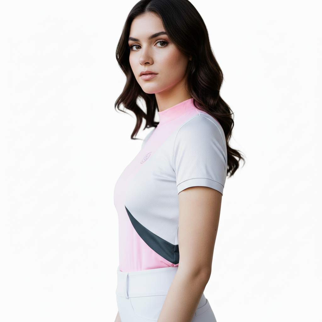 Side view of the Horse Spirit Riding Top Line Pink - Shows the flattering athletic fit, breathable technical fabric, and delicate two-tone design.