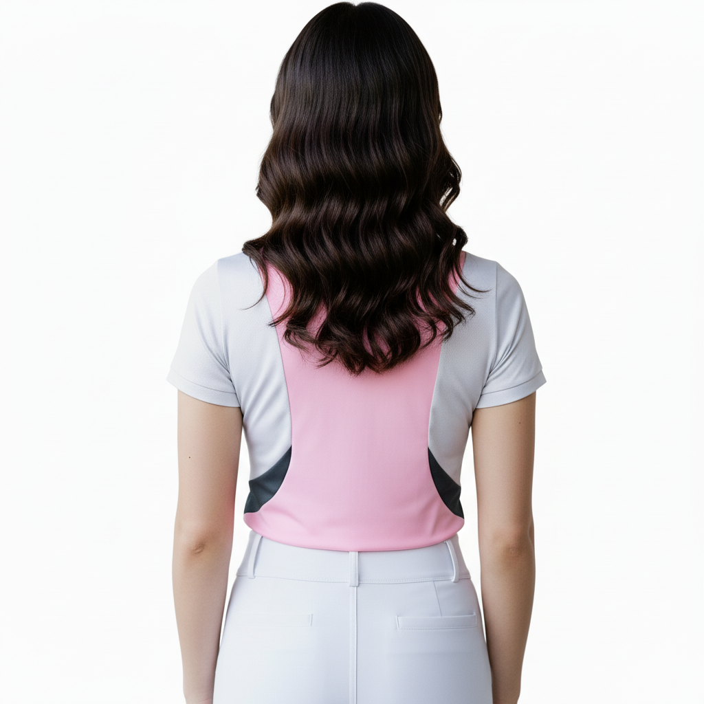 Back view of the Horse Spirit Riding Top Line Pink - Highlights the tailored performance cut and moisture-wicking fabric of this elegant equestrian shirt.