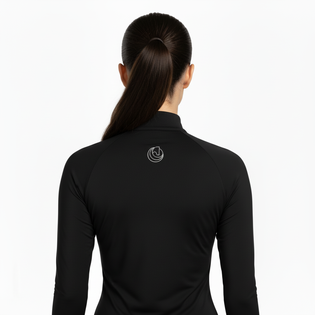 Back view of the Horse Spirit Thermal Riding Layer - Highlights the tailored cut and second-skin comfort of this black competition riding layer.