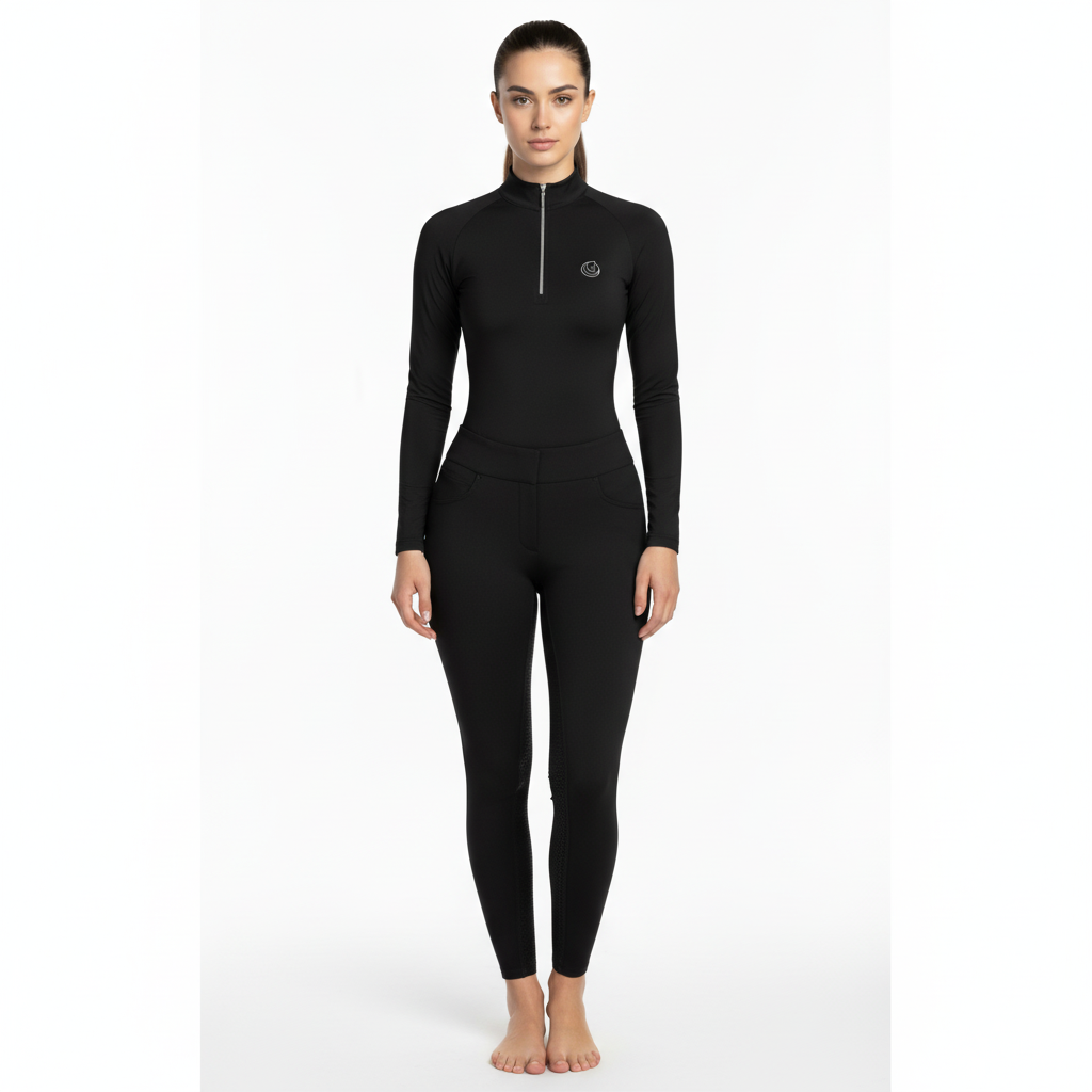 Horse Spirit Thermal Riding Layer in black - Front view on model showing the tailored feminine fit, premium combed interior, and elegant competition design.
