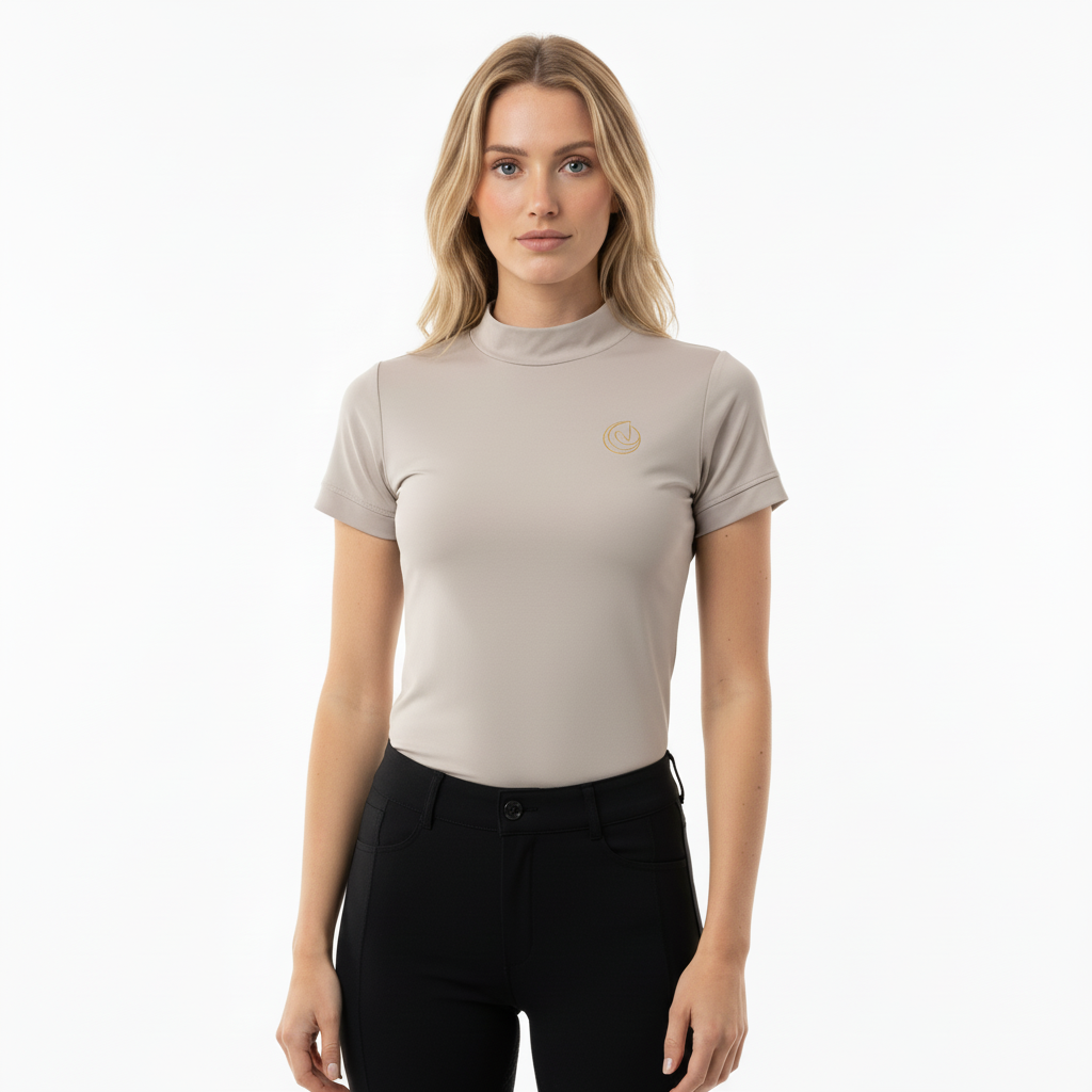 Horse Spirit Riding Top Line Basic Beige - Front view on model showing the elegant HORSE Spirit motif, premium Italian fabric, and sophisticated neutral color.