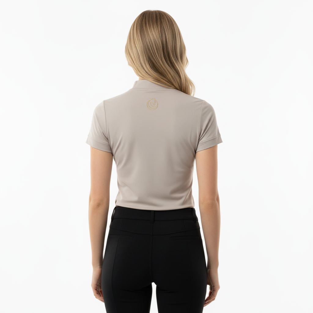 Back view of the Horse Spirit Riding Top Line Basic Beige - Highlights the tailored performance cut and moisture-wicking fabric of this elegant beige equestrian shirt.