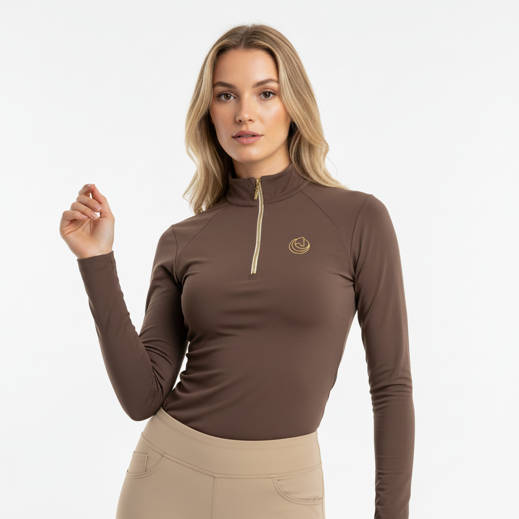 Horse Spirit Show Thermal Riding Layer in brown - Front view on model showing the tailored feminine fit, premium combed interior, and elegant competition design.