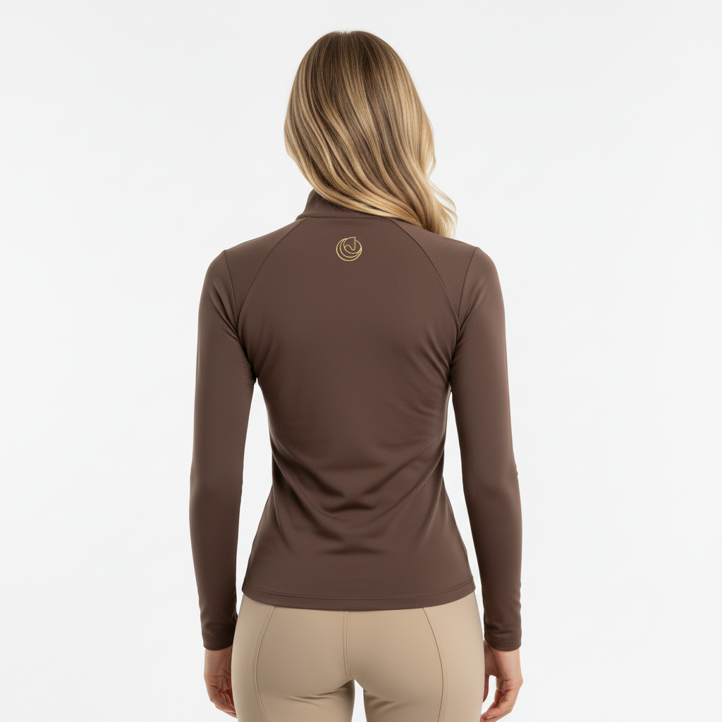 Back view of the Horse Spirit Show Thermal Riding Layer - Highlights the tailored cut and second-skin comfort of this brown competition riding layer.