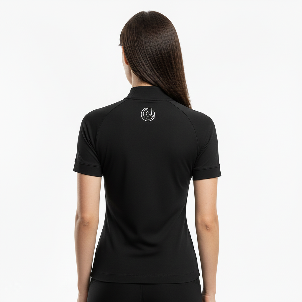 Back view of the Horse Spirit Performance Tee - Highlights the athletic cut and durable construction of this classic black riding shirt.