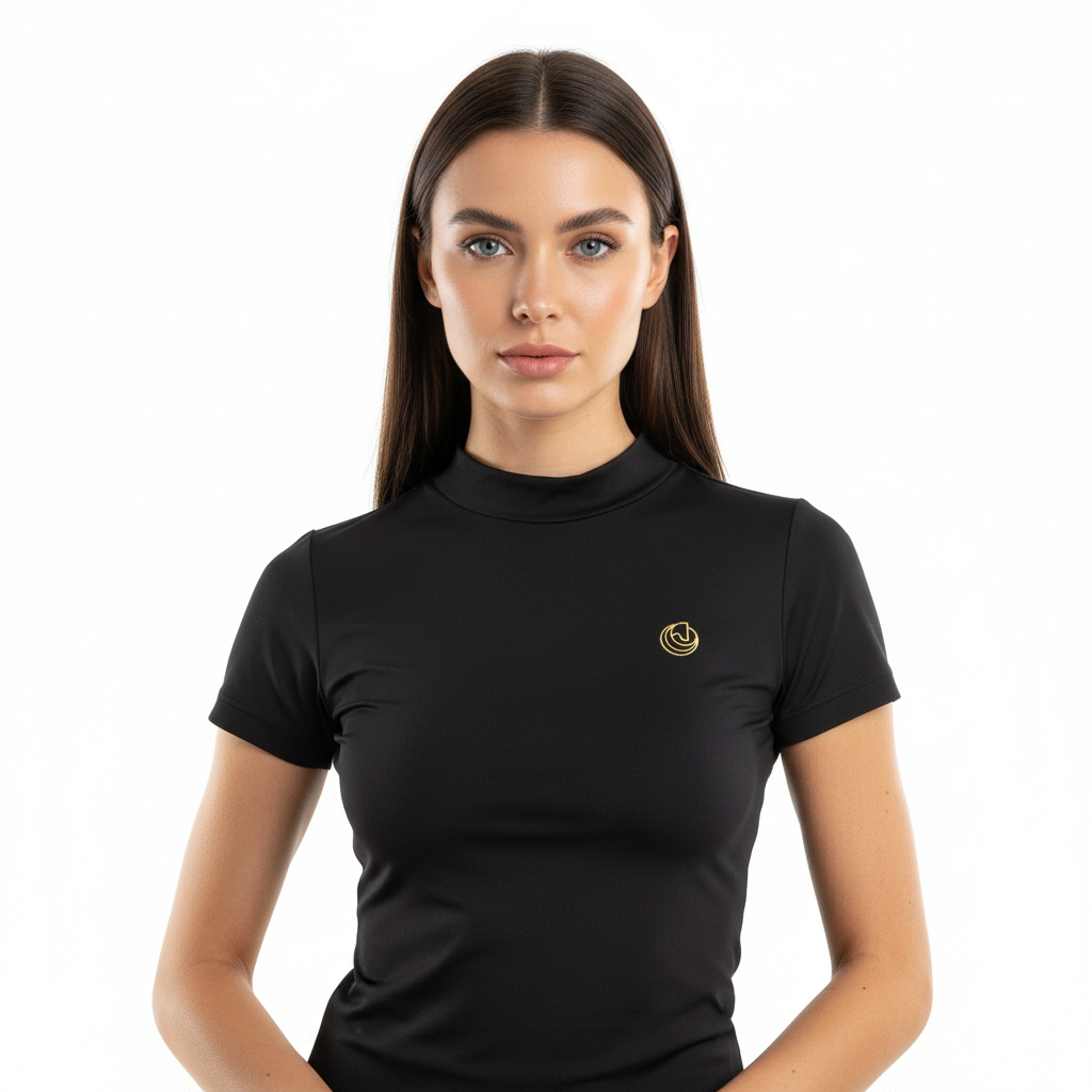 Horse Spirit Riding Top Line Basic Black - Front view on model showing the elegant HORSE Spirit motif, premium Italian fabric, and sleek monochrome color.