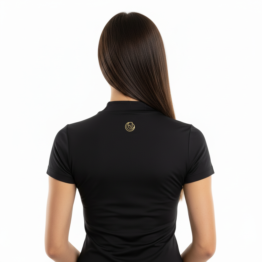 Back view of the Horse Spirit Riding Top Line Basic Black - Highlights the tailored performance cut and moisture-wicking fabric of this elegant black equestrian shirt.