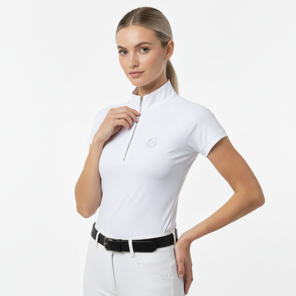 Horse Spirit Show Riding Tee in crisp white - Front view on model showing the athletic competition fit, iconic HORSE Spirit logo, and premium performance fabric.