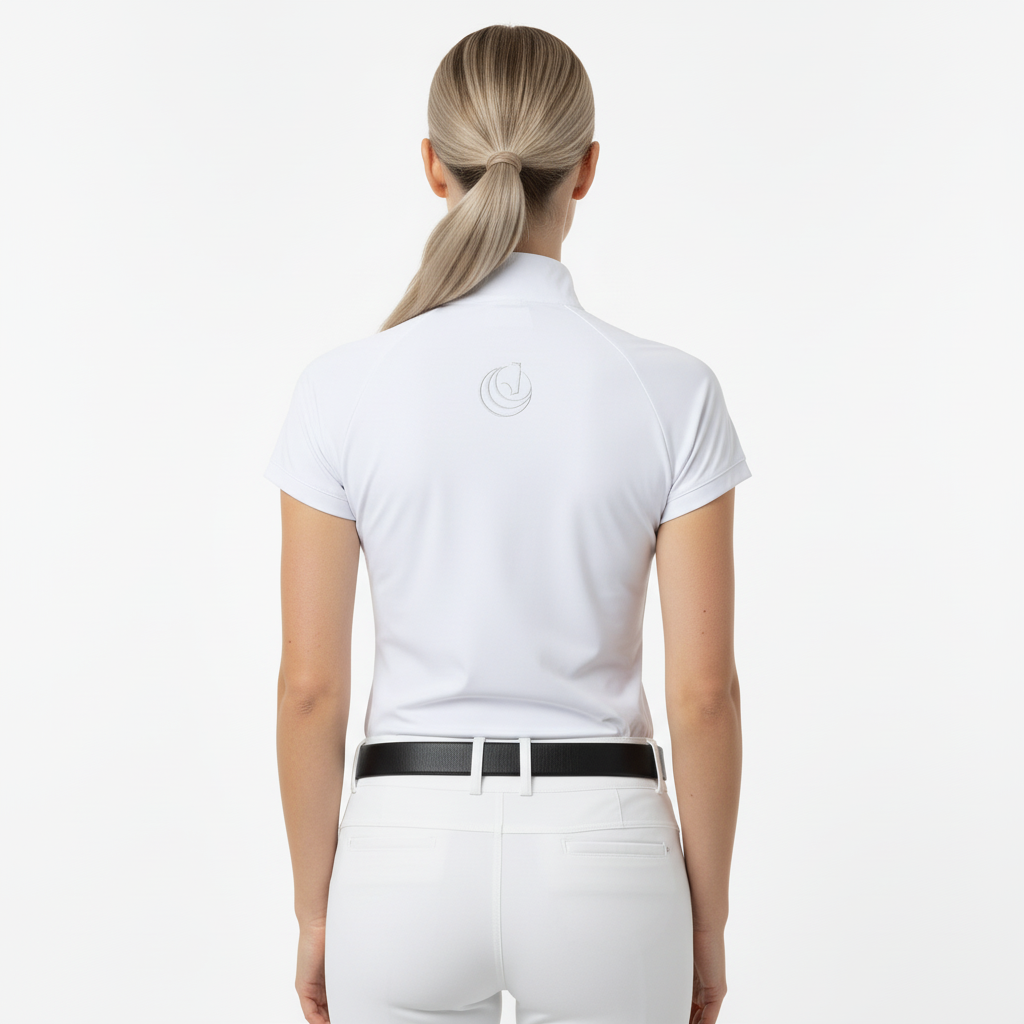 Back view of the Horse Spirit Show Riding Tee - Highlights the athletic cut and durable construction of this crisp white competition shirt.