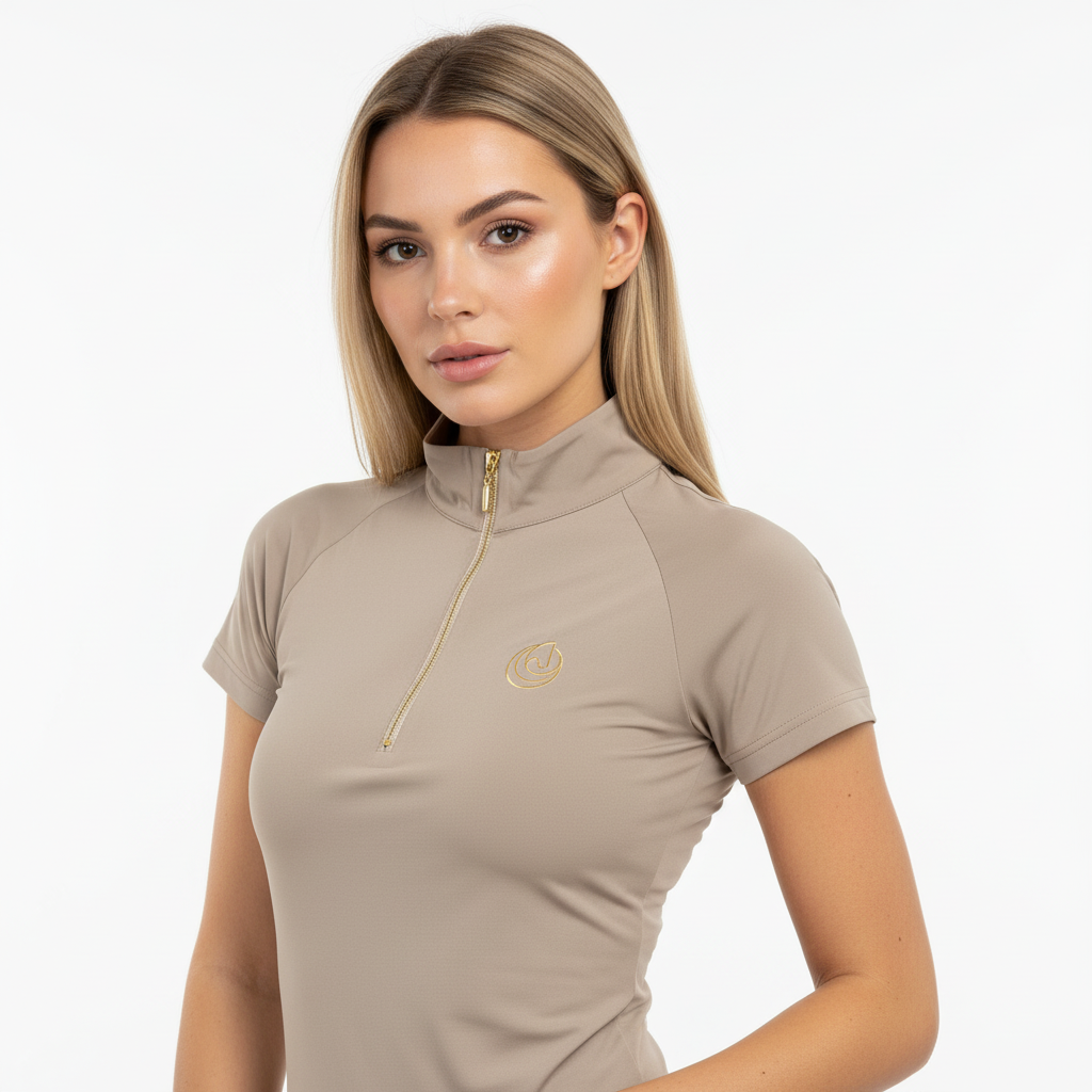Horse Spirit Basic Riding T-Shirt in beige - Front view on model showing the athletic fit, iconic HORSE Spirit logo, and breathable performance fabric for riding and everyday wear.