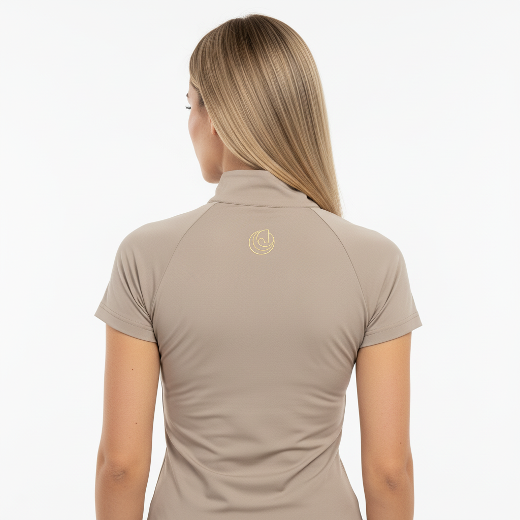 Back view of the Horse Spirit Basic Riding T-Shirt - Highlights the athletic cut and durable construction of this classic beige riding shirt.