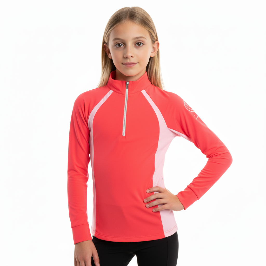 Horse Spirit Thermal Riding Layer in double pink - Front view on a young rider showing the tailored, slim fit, premium combed interior, and elegant cold-weather design.