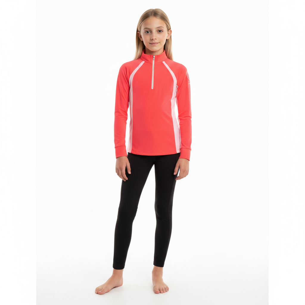 Horse Spirit Thermal Riding Layer in double pink - Front view on a young rider showing the tailored, slim fit, premium combed interior, and elegant cold-weather design.