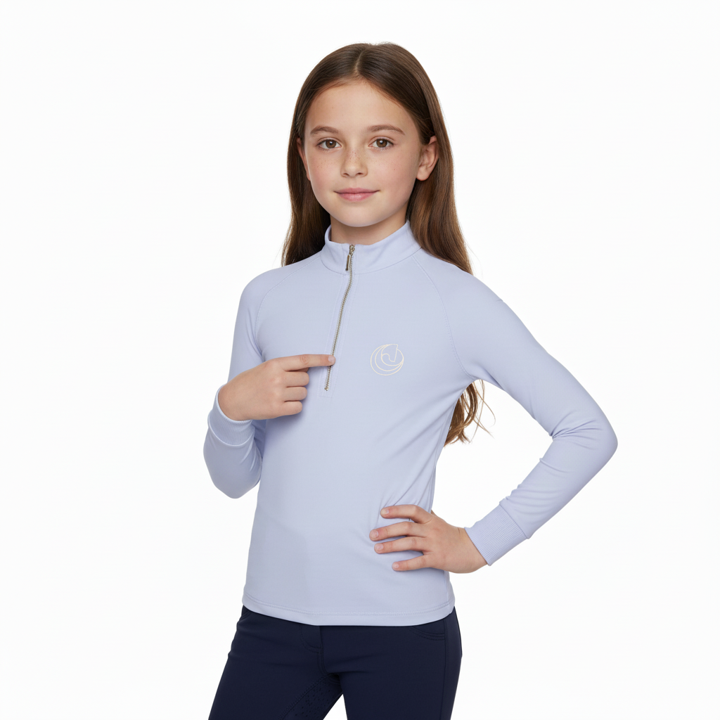Horse Spirit Thermal Riding Layer in blue - Front view on a young rider showing the tailored, slim fit, premium combed interior, and elegant cold-weather design.