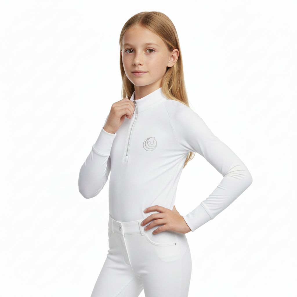 Horse Spirit Thermal Riding Layer in white - Front view on a young rider showing the tailored, slim fit, premium combed interior, and elegant cold-weather design.