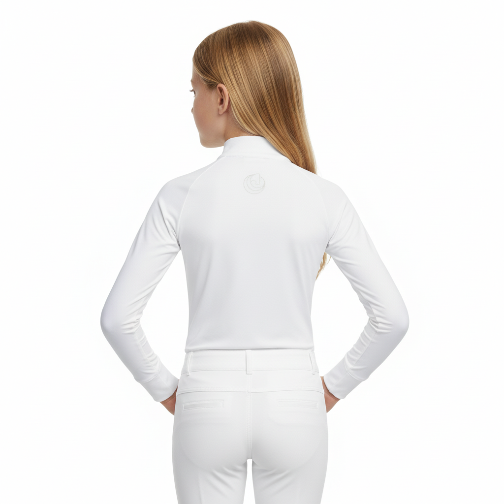 Back view of the Horse Spirit Thermal Riding Layer on a young rider - Shows the tailored fit and comfortable design of this white winter riding layer.