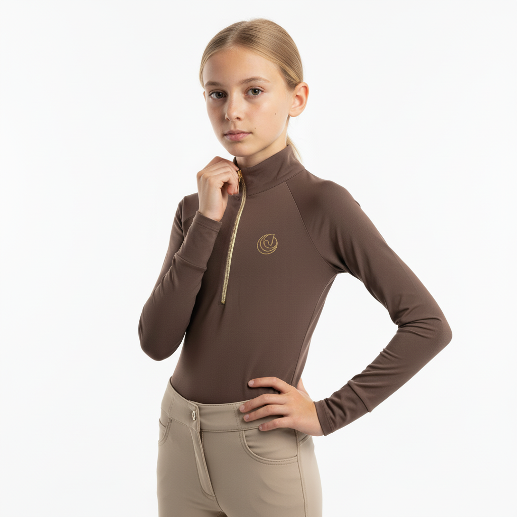 Horse Spirit Thermal Riding Layer in brown - Front view on a young rider showing the tailored, slim fit, premium combed interior, and elegant cold-weather design.