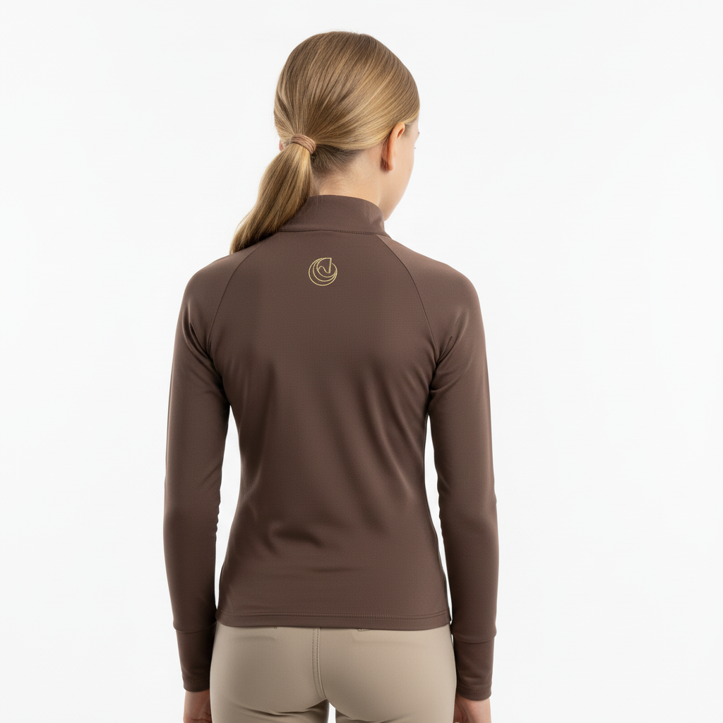 Back view of the Horse Spirit Thermal Riding Layer on a young rider - Shows the tailored fit and comfortable design of this brown winter riding layer.
