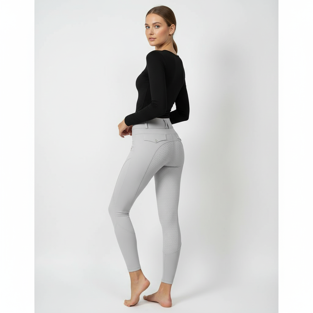 Back view of the Horse Spirit Grey Leggings - Highlights the secure full seat, discreet belt loops, and supportive high-rise fit.