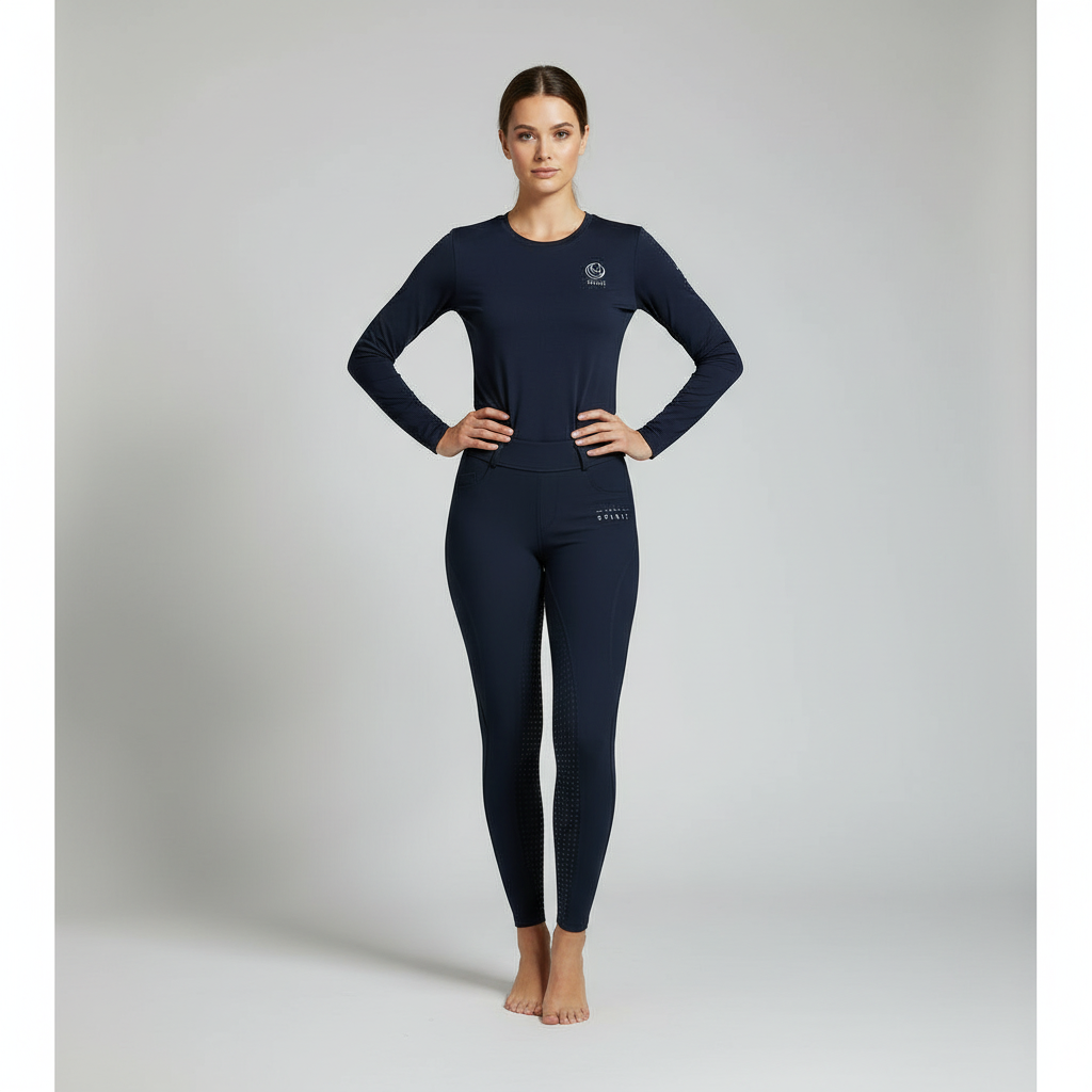 Horse Spirit Blue Leggings - Front view on model showing the flattering higher waist, shiny fabric, and thigh phone pocket for riding and training.