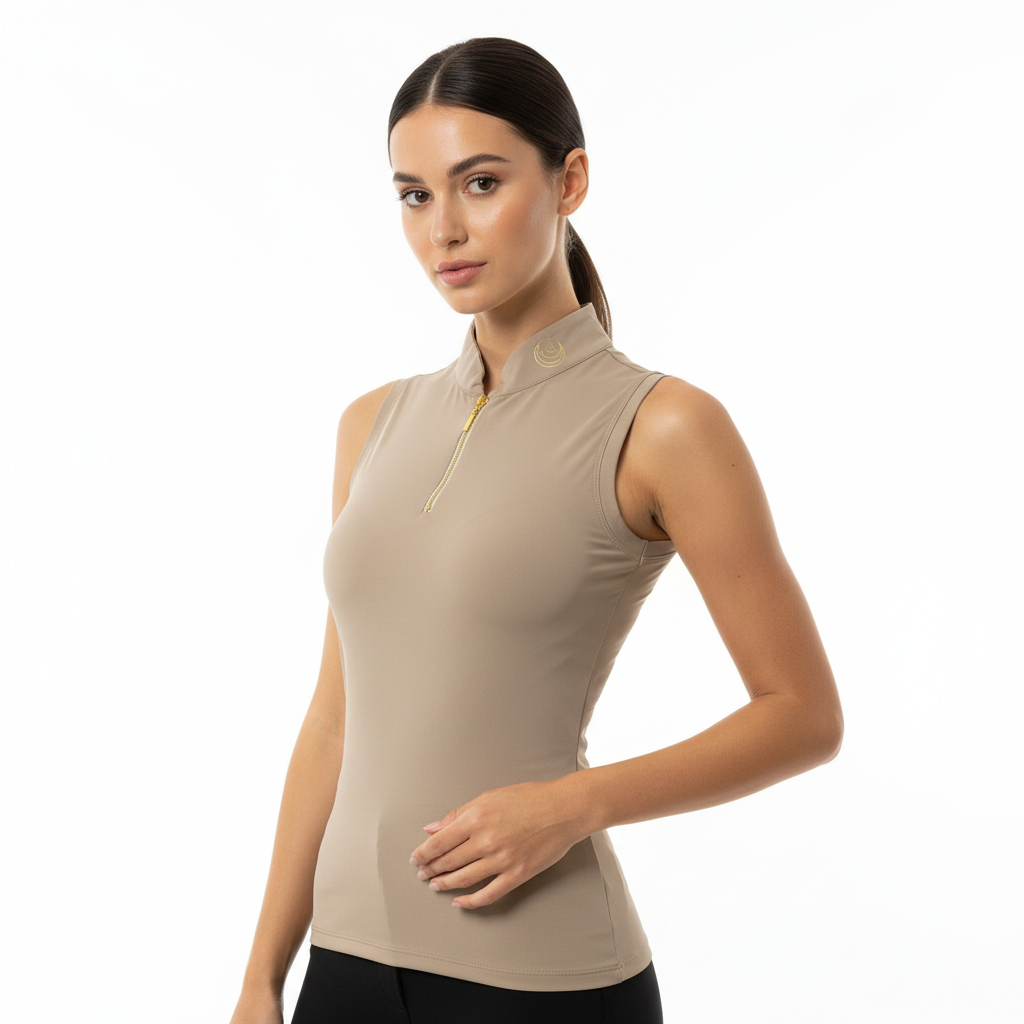 Horse Spirit Riding Top Basic in beige - Front view on model showing the timeless design, four-way stretch fabric, and lightweight breathable construction.