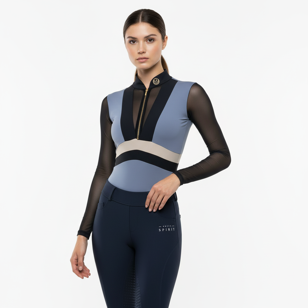 Horse Spirit Premium Bodysuit in blue - Front view on model showing elegant collar, distinctive nylon on chest and sleeves, and sleek fit for riding and casual wear.