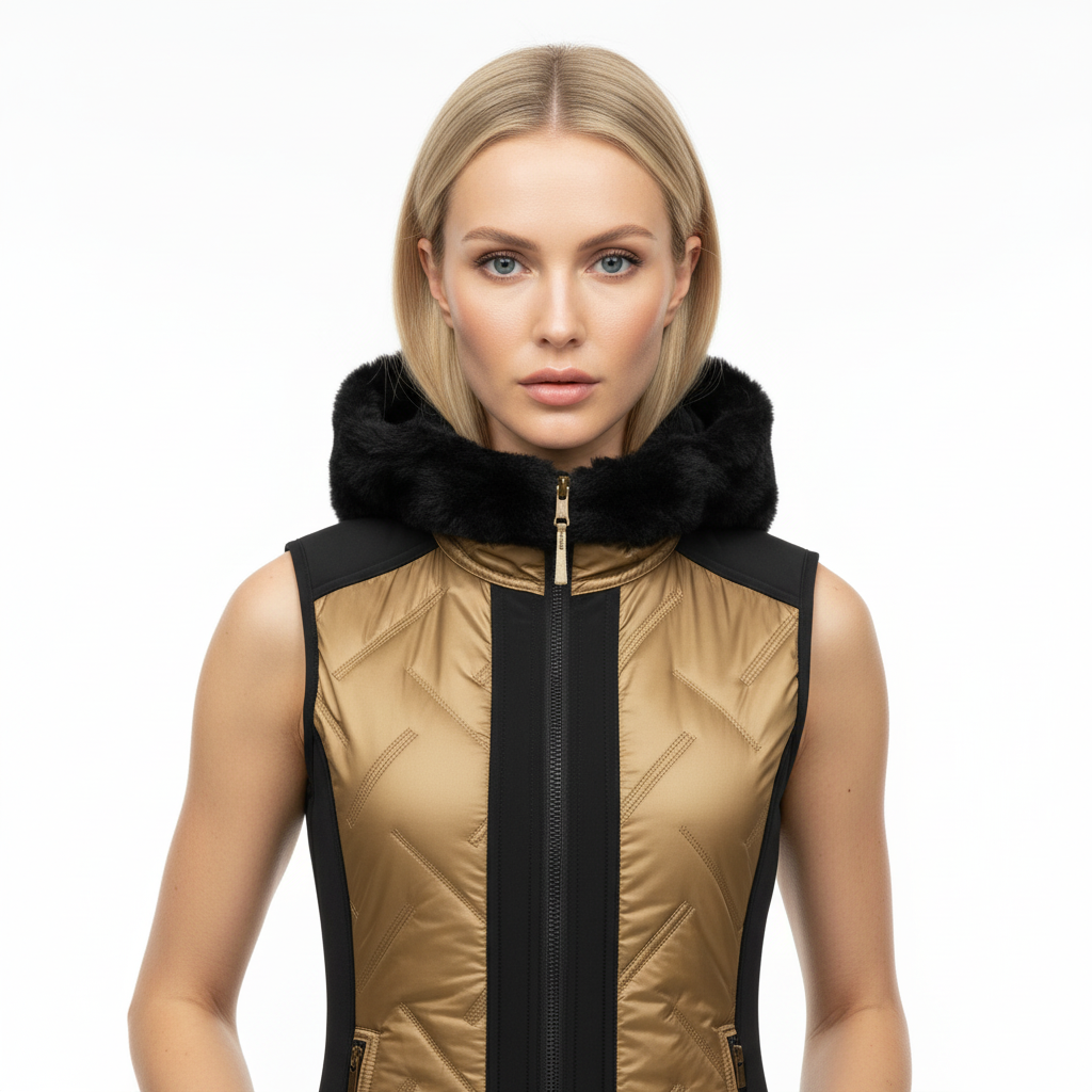 Horse Spirit Riding Bodywarmer in bronze and black - Front view on model showing the quilted panels, integrated hood, and feminine cut for elegant riding and casual wear.