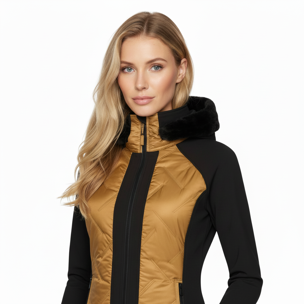 Horse Spirit Riding Jacket in bronze and black - Front view on model showing the quilted panels, integrated hood, and feminine cut for elegant riding and casual wear.