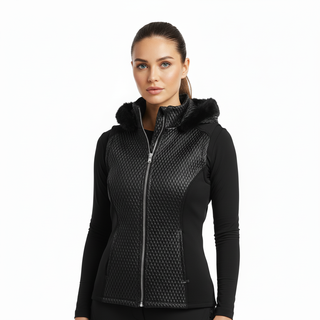 Horse Spirit Black Riding Bodywarmer - Front view on model showing quilted front panel, breathable sides, and tailored feminine fit for elegant riding and casual wear.