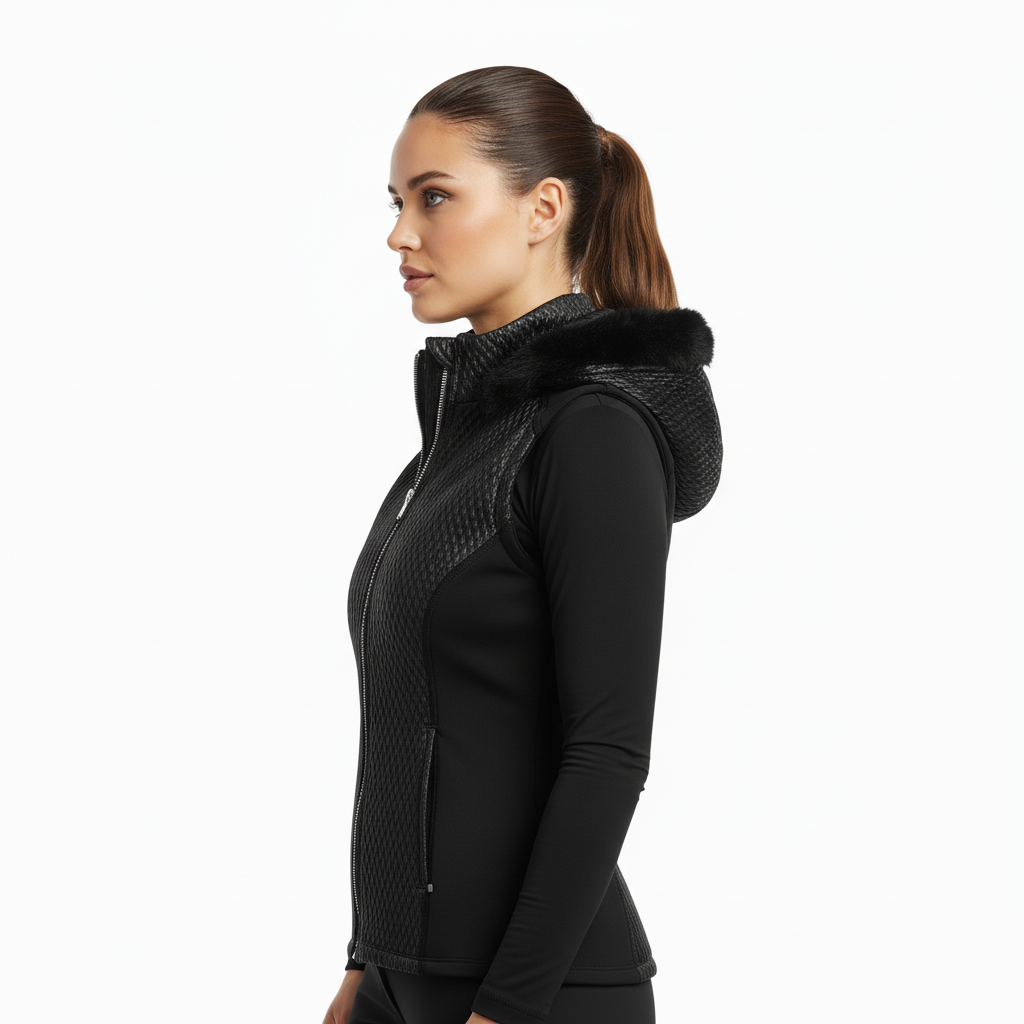 Side view of the Horse Spirit Black Riding Bodywarmer - Shows the flattering silhouette, breathable side panels, and contoured performance design.