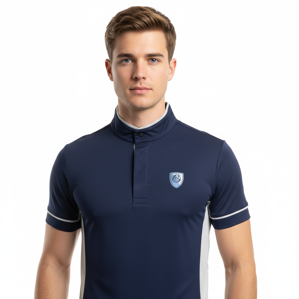 Blue Horse Spirit Sport Polo with a front view showing the athletic fit, collar design, and side mesh panels.