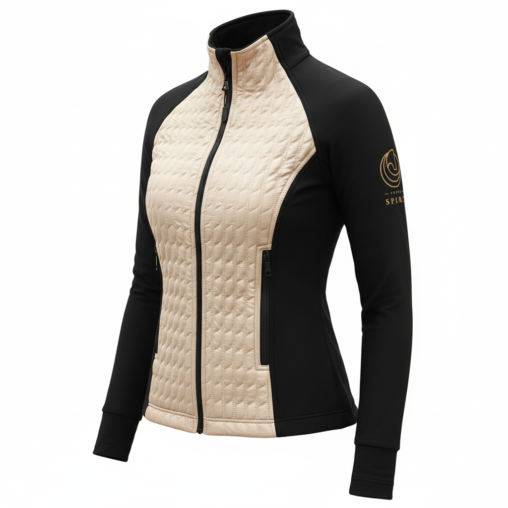 Side view of the Horse Spirit Hybrid Jacket - Shows the flattering silhouette, technical side panels, and quilted insulation for temperature regulation.